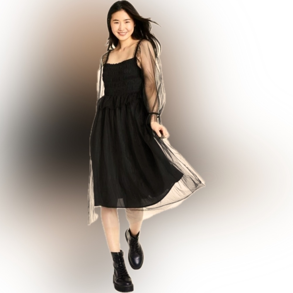 Sandy Liang x Target Black Smocked Long Sleeve Tulle Dress XS
